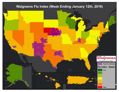 Walgreens Flu Index for Week Ending January 12, 2019. (Graphic: Business Wire)