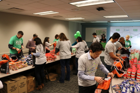 Employees at the Express Scripts office in Franklin Lakes, N.J. celebrated the company’s combination with Cigna by filling backpacks with food for children at Public School 20 in the Bronx, New York. The event marked the beginning of a new global $25 million program, Healthier Kids for Our Future, and demonstrated the newly combined company’s commitment to communities. The local event was part of a nationwide Cigna initiative that is the largest-ever in Blessings in a Backpack’s 10-Year history. (Photo: Business Wire)