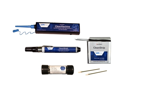 Softing XpertClean fiber optic cleaning kits include a CleanWash solvent pen, a CleanMachine push an ... 