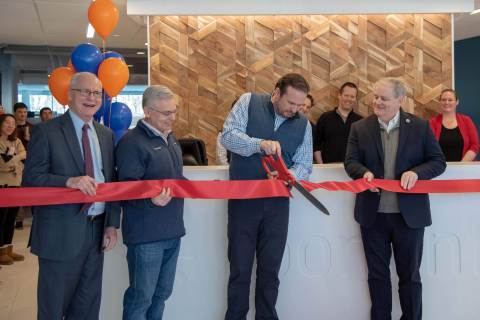 [L-R]: State Senator Michael J. Barrett; ZoomInfo CFO, John Rogers; ZoomInfo CEO Derek Schoettle; and State Rep. Thomas M. Stanley cut the ribbon at ZoomInfo's new corporate headquarters on Tuesday, January, 22, 2019. (Photo: Business Wire).