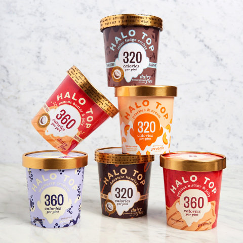 Halo Top welcomes the return of seasonal flavors Peanut Butter & Jelly, Blueberry Crumble and Peaches & Cream, along with new non-dairy flavors Mint Fudge Cookie, Chocolate Hazelnut and Peanut Butter & Jelly (Photo: Business Wire)