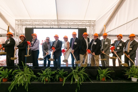 Dignity Health California Hospital Medical Center has broken ground on a $215 million campus expansion and modernization project, the centerpiece of which is a new, 150,000-square-foot patient care tower that will greatly enhance capacity and accessibility for emergency, trauma and maternity services. Seen here at the official groundbreaking are (l-r): Phillip C. Hill, chair of CHMC community board of directors; hospital CEO Margaret R. Peterson, Ph.D.; donor Kathleen McCarthy Kostlan; Steve Needleman, CHMC Foundation board of directors; donors Don and Debbi Hankey; capital campaign Co-Chairs Wayne Ratkovich and Robert J. Margolis, M.D.; Dignity Health’s Jeff Land and Rick Grossman; hospital Chief of Staff Ralph Mayer, M.D.; and Kris H. Davis, CHMC Foundation board of directors (not pictured: Cathy Needleman). (Photo: Business Wire)