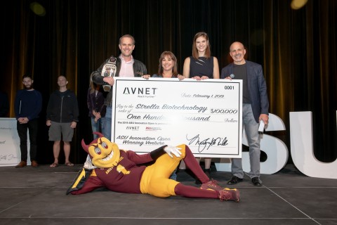 Awarding Strella Biotech $100k for winning the ASU Innovation Open held at ASU on Feb 1. From left to right: Cody Friesen, CEO Zero Mass Water; MaryAnn Miller, SVP HR & Marketing Avnet; Katherine Sizov, Founder & CEO Strella Biotechnology; Bill Amelio, CEO Avnet; and Sparky, ASU mascot. (Photo: Business Wire)