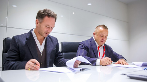 FuturoCoin unveiled as partner of Aston Martin Red Bull Racing - L to R - Christian Horner Red Bull  ... 