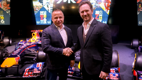 FuturoCoin unveiled as partner of Aston Martin Red Bull Racing - L to R - Roman Ziemian Co-Founder of Futurocoin and Chrstian Horner Red Bull Racing Team Principal (Photo: Business Wire)
