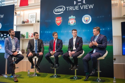 From left: Jonathan Levene, managing director business development EMEA of Intel Sports, James Carwana, vice president and general manager of Intel Sports, Peter Silverstone, commercial director of Arsenal FC, Billy Hogan, managing director and chief commercial officer of Liverpool FC, and Damian Willoughby, senior vice president of Partnerships at City Football Group, speak Wednesday, Jan. 6, 2019, in London about the introduction of Intel True View technology to three Premier League stadiums. Intel Corporation, in partnership with Arsenal FC, Liverpool FC and Manchester City, will deliver immersive experiences via Intel True View at Emirates Stadium, Anfield and the Etihad Stadium. (Credit: Intel Corporation)