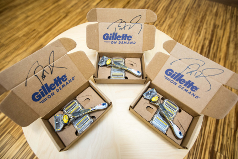 Super Bowl champion Tom Brady stopped by Gillette World Shave Headquarters for a victory shave on Thursday, Feb. 07, 2019 in Boston. Three New England Patriots-branded Gillette razor handles and boxes signed by Brady will be auctioned off in the coming days. All proceeds will benefit Boys & Girls Clubs of South Boston, Best Buddies and Dana-Farber Cancer Institute. (Photo: Gillette) 