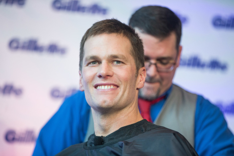 Well-groomed Super Bowl champion Tom Brady celebrates with a victory shave at Gillette World Shave headquarters on Thursday, Feb. 07, 2019 in Boston. Three New England Patriots-branded Gillette razor handles and boxes signed by Brady will be auctioned off for charity in the coming days. (Photo: Gillette) 