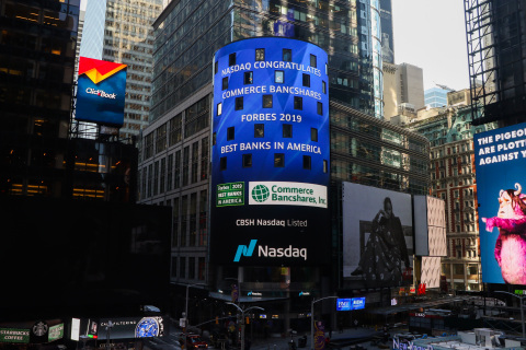 Commerce Bank's recognition on Forbes' America's Best Banks 2019 list is displayed on the Nasdaq Mar ... 