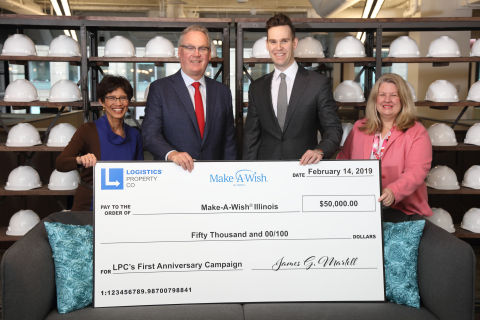 Jim Martell, CEO, Logistics Property Co., Stephanie Springs, CEO, Make-A-Wish Illinois, Aaron Martel, EVP – Midwest Region, Logistics Property Co., and Heather Simpson, Chief Development Officer, Make-A-Wish Illinois celebrate Logistics Property Co.'s first anniversary with a donation to support five wishes. (Photo: Business Wire)