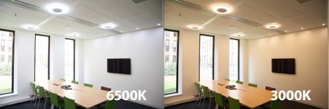 OSRAM Photo From left, using the Osram Tunable White System, cool white light with higher proportions of blue light can have a stimulating effect on occupants, whereas warm white, right, with higher proportions of yellow can have a calming effect. (Photo: Business Wire)