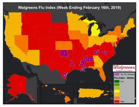 Walgreens Flu Index for week ending February 16, 2019 (Graphic: Business Wire)