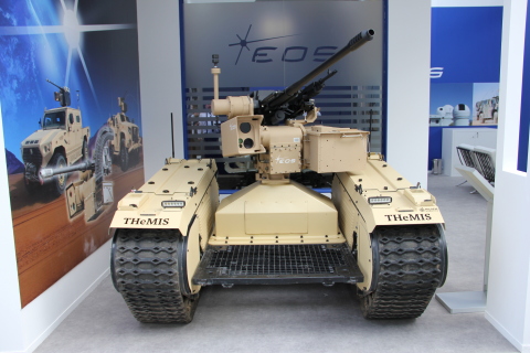 The weaponized warfare system features the THeMIS unmanned ground vehicle equipped with the R400S – Mk2-HD (dual) RWS mounting 30mm ATK M230 LF cannon and a coaxial 7.62mm GPMG. (Photo: Business Wire)