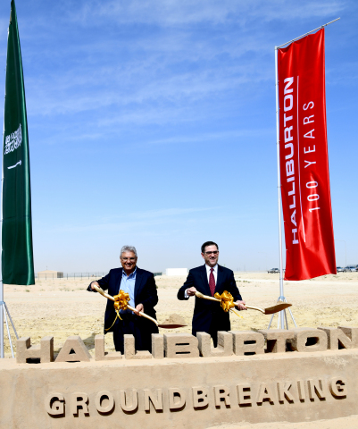 Halliburton chairman, president and CEO, Jeff Miller and Saudi Aramco Senior Vice President, Upstream, Mohammed Y. Al Qahtani break ground on the first oilfield specialty chemical manufacturing reaction facility in Saudi Arabia. (Photo: Business Wire)