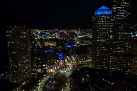 Boston’s skyline shines blue to show support for Boston Children’s patients and their families. Over 50 buildings participated in OSRAM and Boston Children’s Hospital’s “Shine Your Light for Boston Children’s Hospital” event. PHOTO: Boston Children’s Hospital