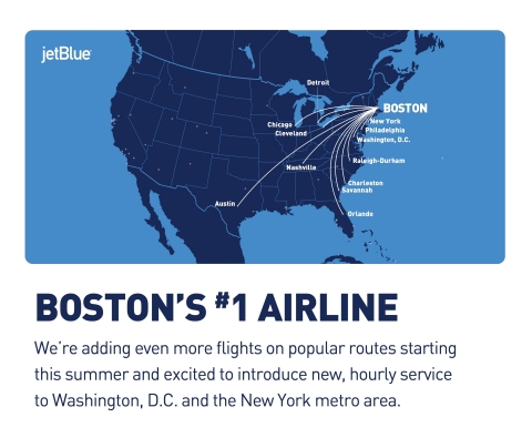 JetBlue's Boston Build-Out Climbs Higher with Flights Added on a Dozen Popular Routes and New, Hourly Service to Washington, D.C. and the New York Metro Area (Photo: Business Wire)