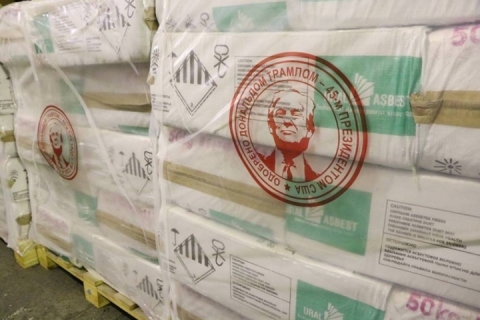 Russian imported asbestos labeled: “Approved by Donald Trump, 45th President of the United States” ( ... 