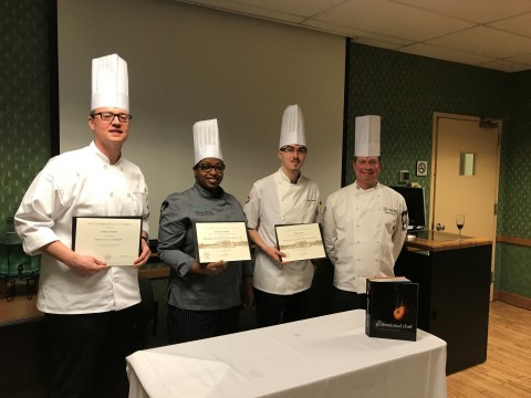 Aramark Chefs, Patrick Schaeffer, Shameka Akinleye and Rick Larsen, pose with Chef David Bruno of The Culinary Institute of America (CIA) after receiving their ProChef II Certification. These chefs join 15 other Aramark Chefs who recently graduated from the prestigious ProChef certification program at the CIA. (Photo: Business Wire)
