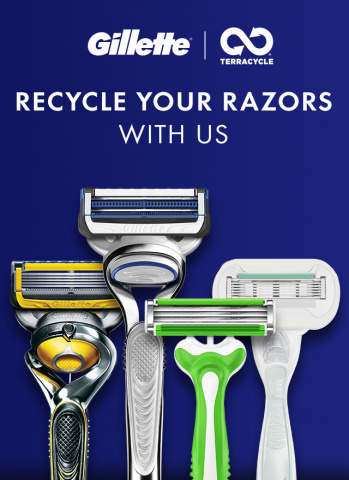 Gillette, in partnership with international recycling leader TerraCycle, announced for the first-time in the United States that all brands of disposable razors, replaceable-blade cartridge units and razor plastic packaging are recyclable on a national-scale. (Graphic: Gillette)