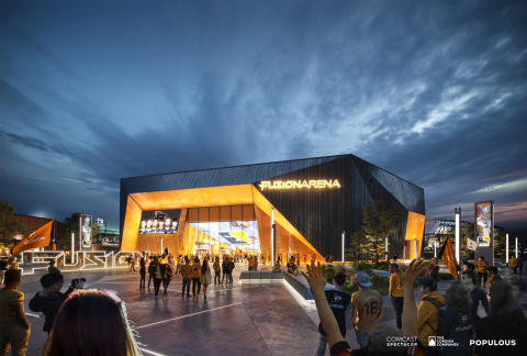An exterior rendering of Fusion Arena, a 3500-seat esports venue coming to the Philadelphia Sports Complex. Credit: Comcast Spectacor/The Cordish Companies/Populous
