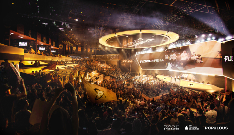 An interior rendering of Fusion Arena, a 3500-seat esports venue coming to the Philadelphia Sports Complex. Credit: Comcast Spectacor/The Cordish Companies/Populous
