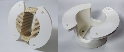 Battery isolator cover printed by IC3D with Ingeo 3D450 supports before and after removal. "3D450 pr ... 