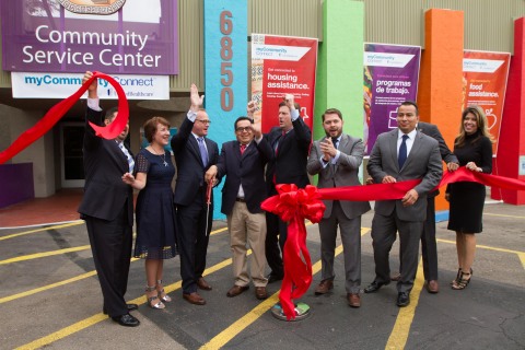 Community leaders celebrate the opening of the myCommunity Connect Center located in the CPLC Maryvale Community Service Center in Phoenix to provide low-income individuals and families access to essential social, medical and behavioral services. L to R:  Phoenix city councilman Michael Nowakowski; Sheila Shapiro, myCommunity Connect, UnitedHealthcare; Austin Pittman, CEO, UnitedHealthcare Community & State; David Adame, president & CEO, Chicanos Por La Causa; Phoenix Mayor Greg Stanton; Congressman Ruben Gallego; Vice Mayor Daniel Valenzuela; and State Rep. Rebecca Rios (Photo: Robert Farthing, February 2016).