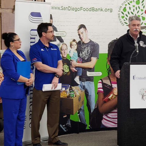 Alejandra Sotelo-Solis, Mayor of National City, joins Kevin Kandalaft, CEO of UnitedHealthcare Community Plan of California, and James Floros, CEO of the San Diego Food Bank, to announce UnitedHealthcare’s $375,000 grant to the San Diego Food Bank to address food insecurity in San Diego County (Photo courtesy of UnitedHealthcare).