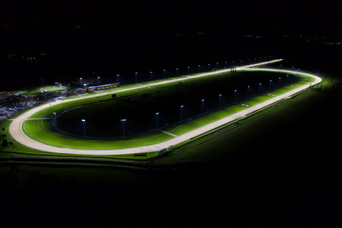 This Saturday, Southwell Racecourse will usher in a new era of illuminated racing with LED technology provided by Musco Lighting. (Photo: Musco Sports Lighting)