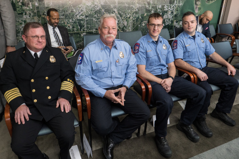 Port Houston Fire Chief William Buck, Senior Captain Stan Kozlowski, Engineer/Operator Kyle Jordan and Driver/Operator Mark Lewis were present at the meeting and received a round of applause of appreciation on behalf of all their firefighting peers for their emergency response efforts. (Photo: Business Wire)