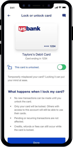 Card management in the new U.S. Bank mobile app is easily accessible – including features like setting travel notifications and freezing a debit card. (Photo: Business Wire)