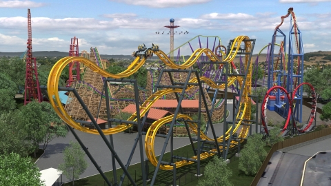 Six Flags Discovery Kingdom introduces DC UNIVERSE, an exciting, newly themed section of the park that will transport guests into a DC comic book-inspired world. The centerpiece of this high-thrills area is BATMAN: The Ride, the park’s most innovative coaster to date with 4D wing cars that extend outside the track and accommodate eight riders in face-off seats. Guests climb the 120-foot tall, 90° vertical lift hill and then tumble head-over-heels through free-fly flips and 90° “raven” drops. (Photo: Business Wire)