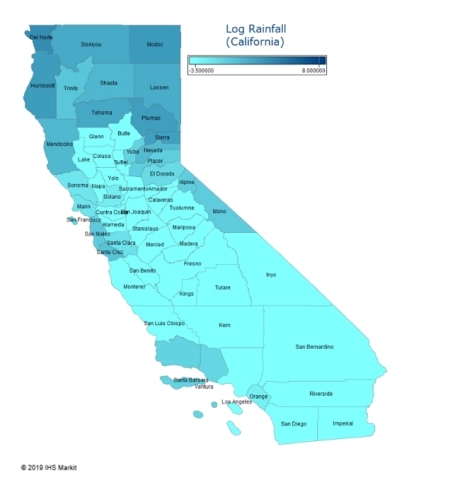 Geomap of California counties shaded by rainfall in June 2018 (Source: IHS Markit)