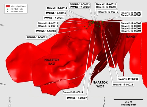 Figure 5: Madrid North Naartok East zone longitudinal view looking east, showing the location of 2019 drilling (Graphic: Business Wire)