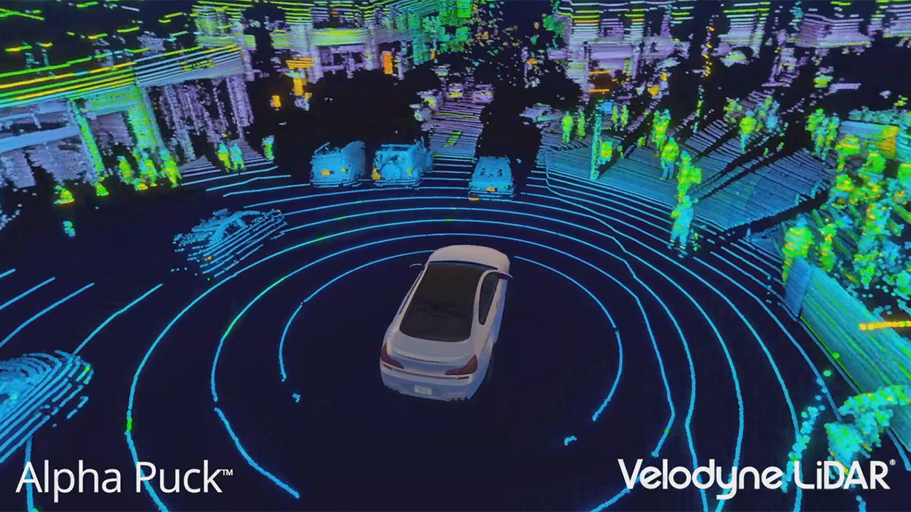 Velodyne Alpha Puck™ can simultaneously locate the position of people and objects around a vehicle and assess the speed and route at which they are moving.