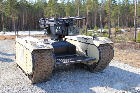 During EW Live Milrem Robotics deployed their THeMIS UGV equipped with ST Engineering’s ADDER DM remote weapon station to engage targets that were identified by a UAV.(Photo: Business Wire)