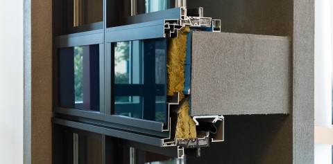 Spandrel at slab bypass of new Aluminum-Fiberglass hybrid window wall by Cascadia Windows. (Photo: Business Wire)