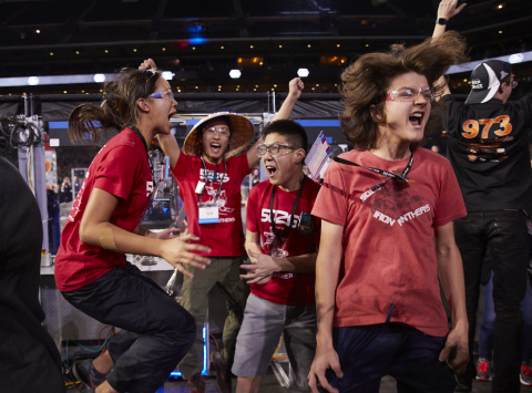 Students from the FIRST Robotics Competition Winning Alliance celebrate at Minute Maid Park during FIRST Championship in Houston. (Photo: Business Wire)