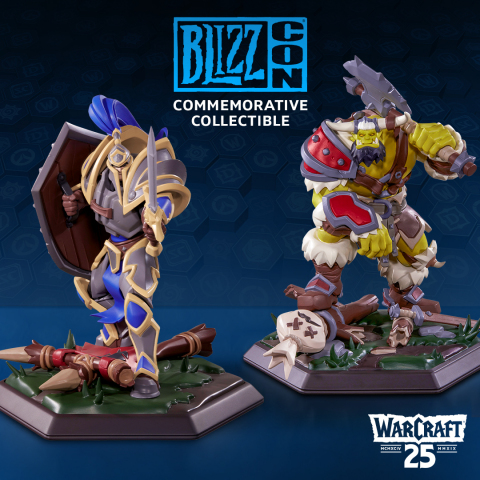 Replacing the goody bag of previous years, every ticket purchase comes with a choice of premium BlizzCon Commemorative Collectible statue—either a human footman or orc grunt, celebrating the 25th anniversary of Warcraft. (Graphic: Business Wire)