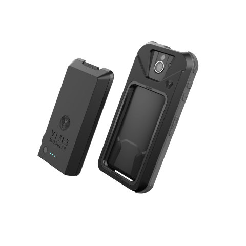 Exclusive multipurpose case from Vibes Modular snaps on rugged DuraForce PRO 2 smartphone enabling easy sharing of accessories including extended battery packs and Bluetooth conference speakers. (Graphic: Business Wire)
