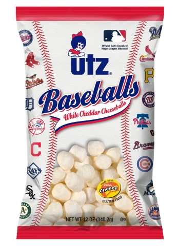 Utz® Limited Edition 12 oz White Cheddar Cheeseball “Baseballs” with 30 Major League Baseball Clubs logos. Source: Utz Quality Foods, LLC.