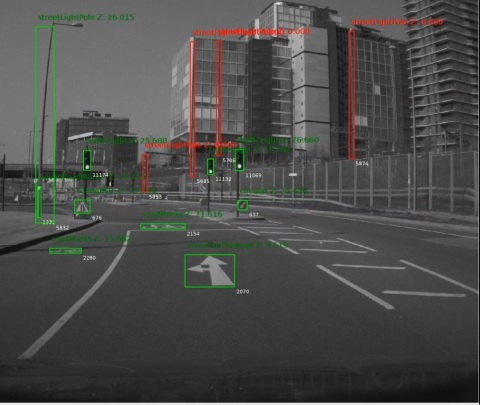 Arrows, traffic signs and poles are detected by a vehicle retrofitted with Mobileye 8 Connect as it captures a street-level view of Britain’s road network. In London on Tuesday, May 7, 2019, Ordnance Survey, Great Britain’s national mapping agency, and Mobileye, an Intel company, announced the launch of trials to create the first detailed roadside infrastructure dataset of Britain for an accurate and customizable location information service. (Credit: Mobileye, an Intel company)