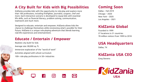 The KidZania USA fact sheet provides a snapshot of the benefits to kids, professions for kids to role play, building size, locations opening soon, CEO, headquarters location, and KidZania global statistics. (Photo: Business Wire)