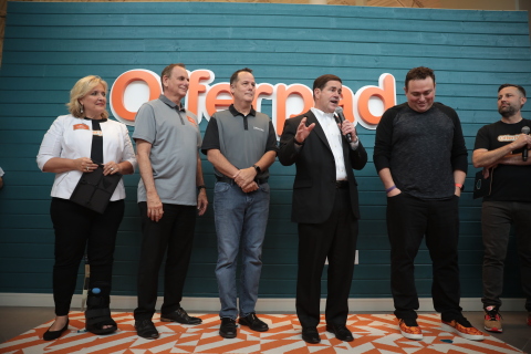 At Offerpad's Welcome Home Party, state and local dignitaries spoke briefly about Offerpad and the development of the real estate tech industry of which the company is a pioneer. From right to left - Offerpad Head of Brand Dave Haroldsen, CEO and Founder Brian Bair, Arizona Governor Doug Ducey, State Representative Jeff Weninger, Chandler Mayor Kevin Hartke, and Chandler Chamber President and CEO Terri Kimble. (Photo: Business Wire)
