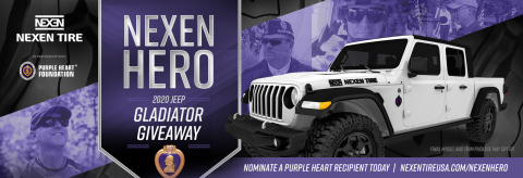 In the wake of last year's highly-successful "American Muscle for American Heroes" program, Nexen Tire America, Inc. has partnered with The Purple Heart Foundation for a second time to honor a combat-wounded veteran and Purple Heart recipient by giving away a custom 2020 Jeep Gladiator Sport S. The "Nexen Hero" Campaign is designed to honor a well-deserving veteran who was wounded in combat and awarded the Purple Heart Medal by giving away a new Jeep Gladiator equipped with 35-inch Nexen Roadian MTX Extreme Off-Road Mud Terrain tires and several Mopar aftermarket parts. (Graphic: Business Wire)