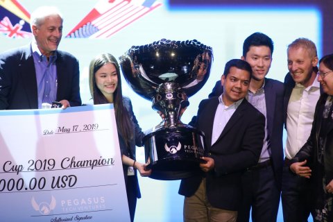 Cassie Nguyen (left of trophy), Co-Founder & COO of Abivin, receiving trophy from Anis Uzzaman (right of trophy), General Partner at Pegasus Tech Ventures, and Chairman of Startup World Cup (Photo: Business Wire)