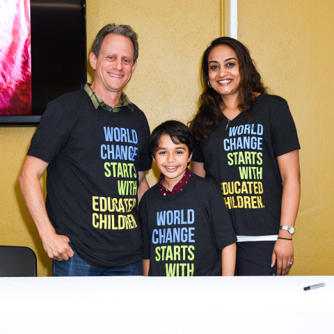 PASADENA, CALIFORNIA - MAY 21: (L-R) Stuart Gibbs, Callan Farris and Geetha Murali attend Room to Read Callan Farris ambassadorship launch on May 21, 2019 in Pasadena, California. (Photo by Presley Ann/Getty Images for Room to Read)