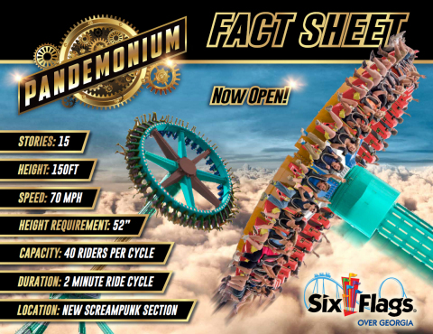 Pandemonium Fact Sheet – the Southeast's tallest pendulum ride opens Memorial Day Weekend at Six Flags Over Georgia, just outside of Atlanta. (Photo: Six Flags Over Georgia)