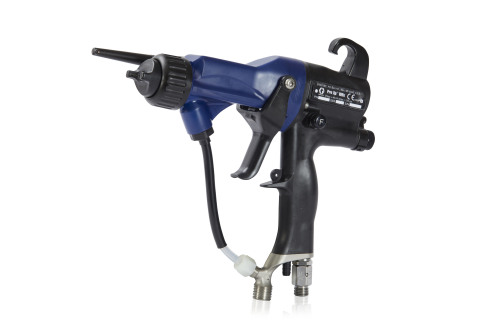 Graco’s new Pro Xp WBx External Charge Gun sprays waterborne material without an isolation system. Waterborne material stays grounded in the gun and is charged at the tip of the electrostatic spray gun with the assistance of a probe. (Photo: Graco Inc.)