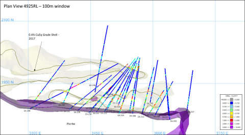 Figure 5: Plan View 4925RL (mine grid coordinates and elevation) with SLC Zone drill hole traces and copper (%) intercepts (Graphic: Business Wire)